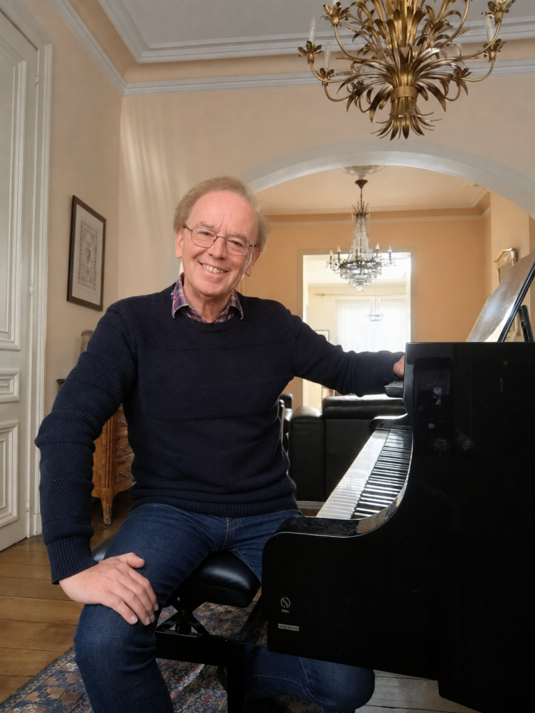 Patrick Dheur assis devant son piano à queue, en pull sombre et jean bleu indigo